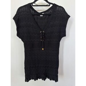 Cache Womens Black‎ Lace Up V-Neck Knit Tunic Top Sleeveless Pointelle Small